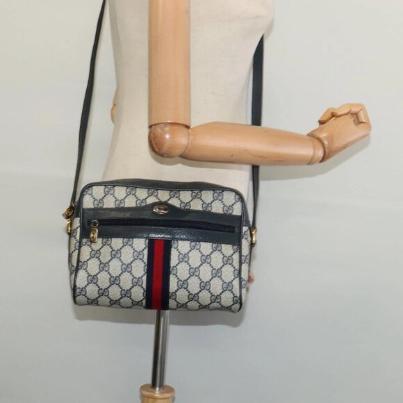 GUCCI GG Supreme Sherry Line Shoulder Bag PVC Navy Gold 120 02 004 Auth 134809 - Picture 1 of 15